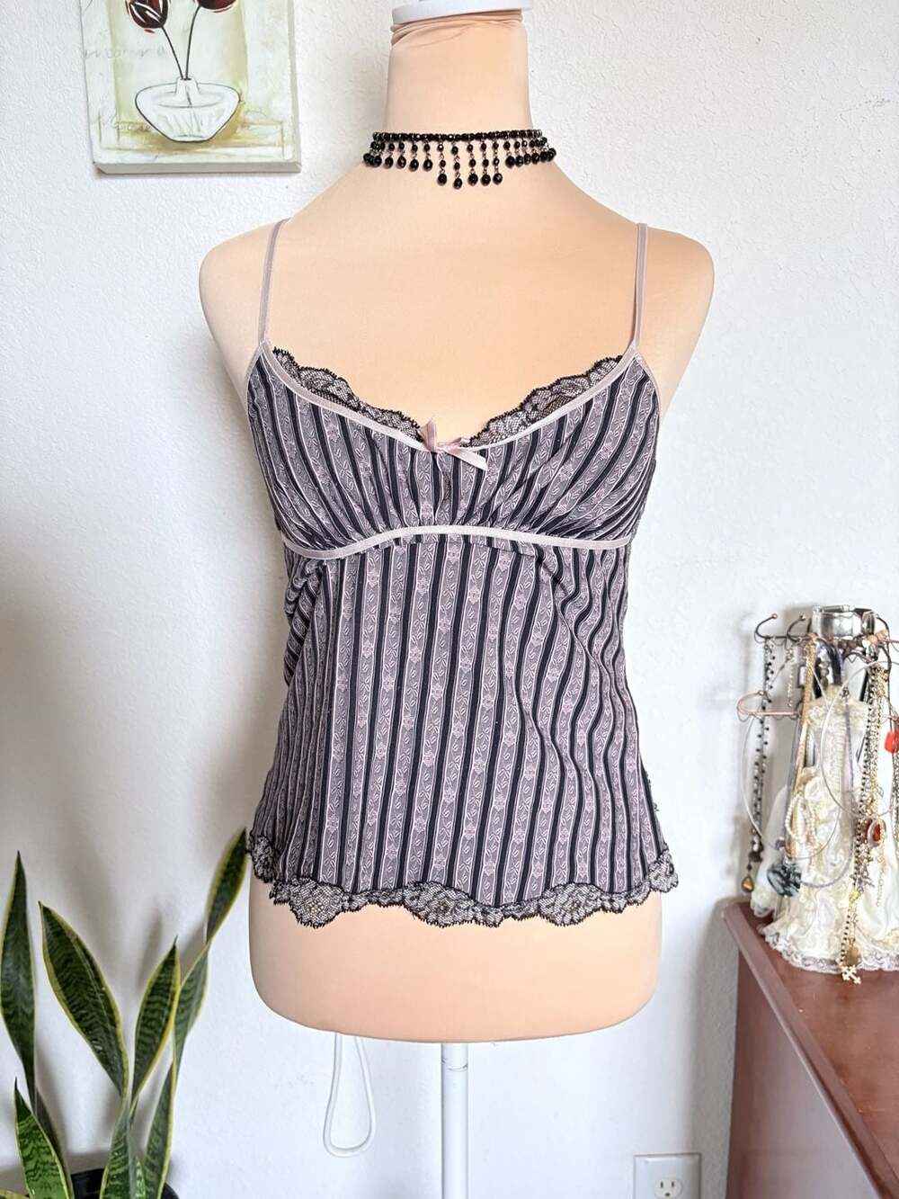 Vintage 90s Passionata Lace Trim Tank Top: Brown Pink Ribbed Coquette Small